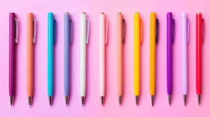 Pink background with colored ballpoint pens. Generative AI