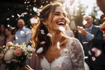 A bride and groom are under a rain of colorful confetti, creating a jubilant atmosphere, Happy bride at wedding ceremony and people sprinkling flower petals, AI Generated