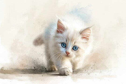 a painting of a white kitten in watercolor