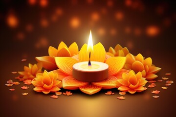 A compelling image of a lit candle surrounded by a mesmerizing arrangement of flowers and delicate petals, Happy Diwali festival of lights background with diya and flowers, AI Generated