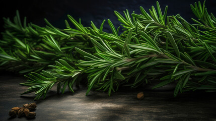 Rosemary spice is lying on old dark wooden table. Fresh twigs green spice ready for use. Close-up. Copy space.