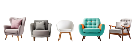 Armchair or sofa chair isolated on white transparent background, furniture for interior room, modern style.