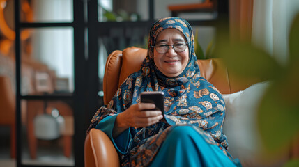 Smiling senior muslim woman at home relaxed texting using mobile phone, technology communication concept
