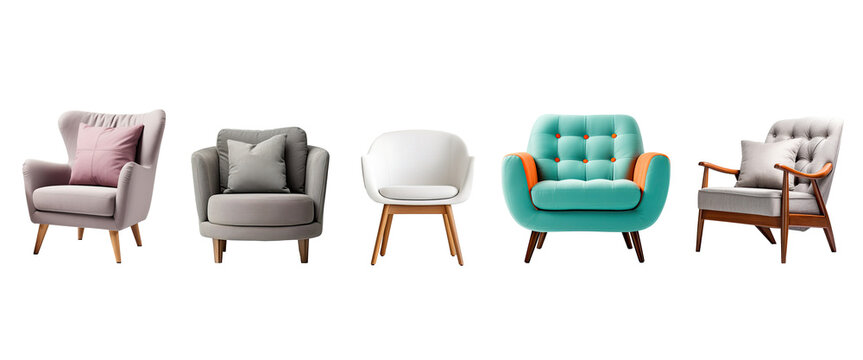 Armchair or sofa chair isolated on white transparent background, furniture for interior room, modern style.