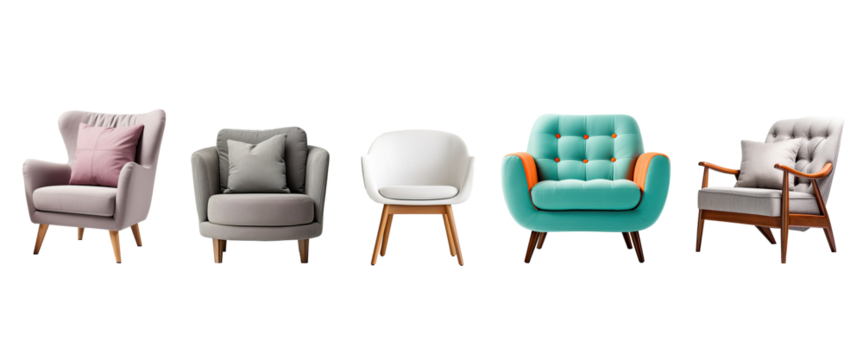 Armchair or sofa chair isolated on white transparent background, furniture for interior room, modern style.