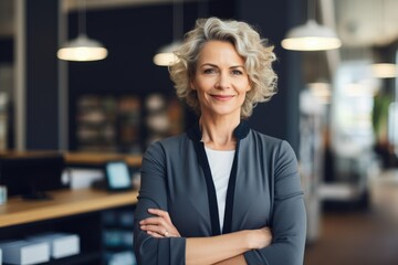 A woman stands confidently with her arms crossed, exuding professionalism and authority in an office setting, Happy middle aged business woman ceo standing in office arms crossed, AI Generated