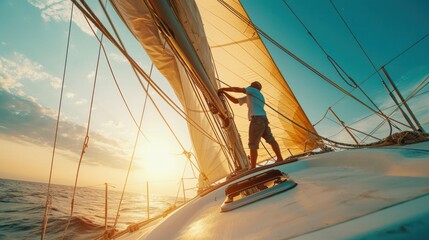 Beautiful inspiring shot of action adventure of sailor or captain on yacht or sailboat attaching big mainsail or spinnaker with ropes on deck of epic boat, sunny summer adventure lifestyle    - obrazy, fototapety, plakaty