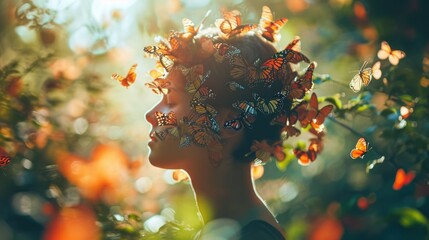Photo of a Person with a Head Full of Colorful Butterflies, in a dreamy, sunlit garden setting