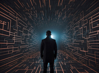 Man from behind, dressed in black, looking towards a light at the end of a tunnel of flowing data....