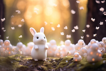 Toy bunny among flowers and glowing orbs in enchanted magical forest. Cute adorable Easter greeting card - obrazy, fototapety, plakaty