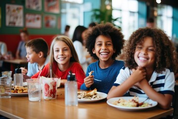 A diverse group of happy children gathered around a table, enjoying a meal together, Happy students...
