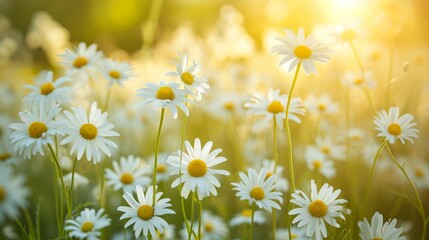 Chamomile flower field. Camomile in the nature. Field of camomiles at sunny day at nature. Camomile daisy flowers in summer day. Chamomile flowers field wide background in sun light   