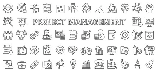 Project management icons in line design. Business, work, office, analysis, plan, development, digital, chart, process isolated on white background vector. Project management editable stroke icon.