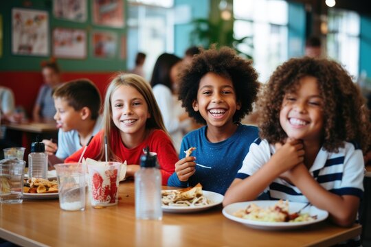 A diverse group of happy children gathered around a table, enjoying a meal together, Happy students eating food during lunch time in school cafe, AI Generated