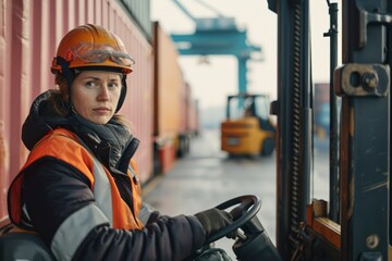 photo a bustling logistics port terminal: a forklift driver loads a cargo container with precision, assisted by a female industrial supervisor and safety inspector.