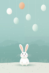 Obraz premium Charming white Easter bunny with hanging pastel eggs Illustration. Easter Card
