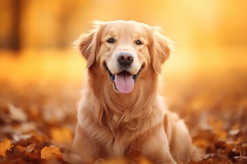 A dog relaxes in a bed of colorful autumn leaves, Happy golden retriever dog on Autumn nature background, AI Generated