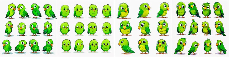 Funny and adorable green parrot characters for all ages. Can be used in various forms of media such as animations, stickers and merchandise. Each character has its own unique personality and traits.