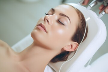 Obraz na płótnie Canvas Woman Receiving Facial Massage in Spa for Relaxation and Skin Nourishment, High angle view of beautiful young woman having Radio frequency skin tightening treatment, AI Generated