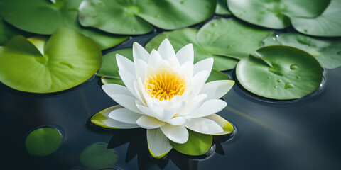 A white flower with yellow center floating on water with green leaves - obrazy, fototapety, plakaty