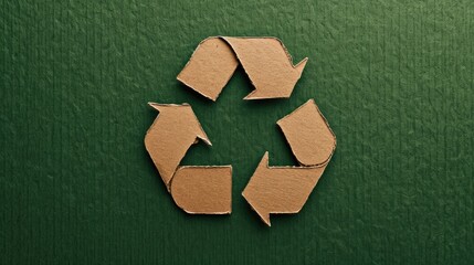 Recycle symbol made of cardboard on a green background with free place for text. Eco concept of reduce, reuse, recycling, save the planet, environmental preservation