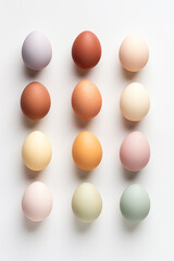 Overhead view of variety of multicolored eggs on white background. Easter Card