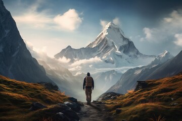 A man stands tall on a vibrant green field, enjoying the refreshing embrace of nature, Hiker walking to mountains, AI Generated - obrazy, fototapety, plakaty