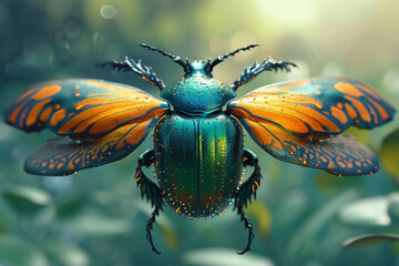 science fiction nature beetle portrait spreading 3d wings