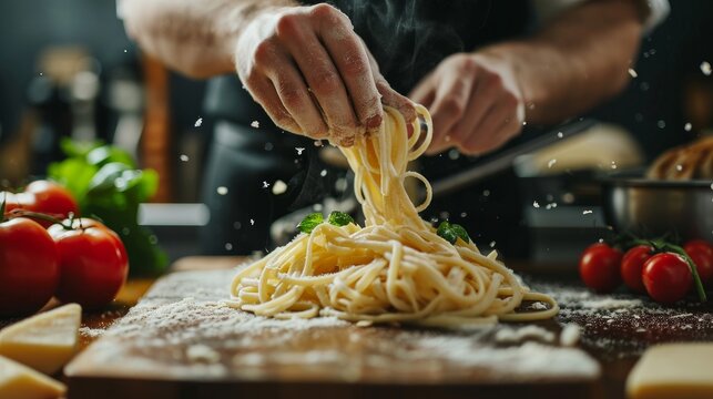 Cropped view of chef cooking Italian pasta with cheese, vegetabl   