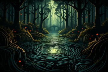 Enchanted forest labyrinths, twisting and turning with magical illusions - Generative AI