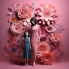 Happy Mother's Day in paper cut design. Young mother and daughter like a doll. Mother and her cute child, flowers wall frames. Modern floral botanical sculpture. Pink fuzz peach colors.