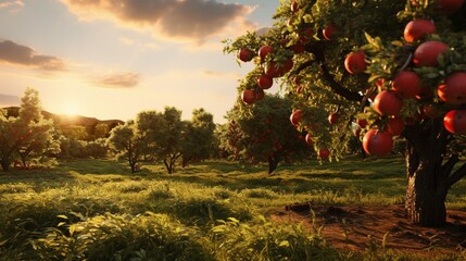 A photorealistic apple orchard at golden hour, each tree laden with ripe, glossy red apples glistening in the warm sunlight.  - Generative AI - obrazy, fototapety, plakaty