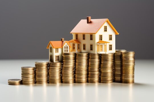 A house sitting atop a stack of coins symbolizes financial stability and the dream of a prosperous life, houses and coin stack, real estate price rising and inflation, AI Generated