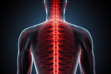 An image displaying the back of a mans neck, with a highlighted skeleton, revealing the intricate anatomy and structure, human spine and spinal cord in red, xray, AI Generated