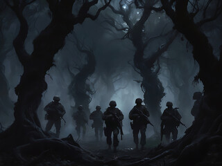 The soldiers, faces painted with dark camouflage, advance cautiously, their silhouettes blending into the inky blackness. 