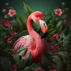 Ein rosa Flamingo mit grünen Pflanzen im Hintergrund