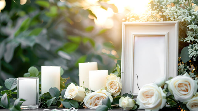 An empty frame for a photo or text near a funeral memorial with candles and flowers