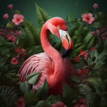 Ein rosa Flamingo mit gr&uuml;nen Pflanzen im Hintergrund
