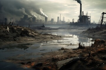 A factory emitting smoke into the air, causing pollution and environmental harm, Industrial landscape featuring a polluted river, depicting environmental disaster, AI Generated