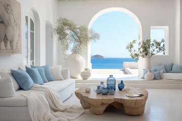 A spacious living room with a wide variety of furniture, offering breathtaking views of the ocean, Interior of a modern, minimalist house decorated with summery mediterranean elements, AI Generated