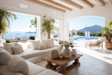 Spacious Living Room With Furniture and Large Window, Interior of a modern, minimalist house decorated with summery mediterranean elements, AI Generated