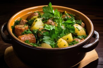 A bowl filled with a delicious mix of meat and vegetables placed on a rustic wooden table, Irish Coddle with sausage potatoes and parsley, AI Generated