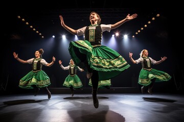 A diverse group of individuals standing together on a stage during a live event, Irish step dancers gracefully performing on stage in traditional Irish dance attire, AI Generated