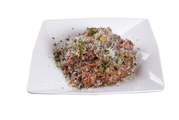 plate of food with healthy food rice risotto salad and beef