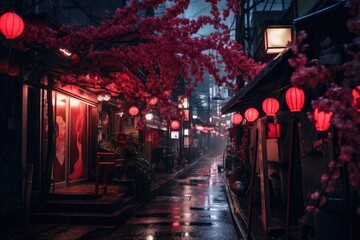 An enigmatic alleyway illuminated by red lanterns hanging from the ceiling, Japan streets, pink and...