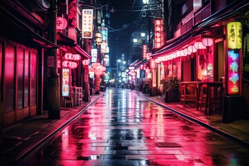 Fototapeta na wymiar A bustling city street comes alive at night with mesmerizing neon lights illuminating the surroundings, Japan streets, pink and red lights, AI Generated