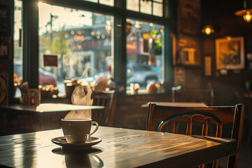 Cozy ambiance of a coffee shop, emphasizing the warmth, comfort, and details like steaming coffee cups, pastries, and inviting seating areas
