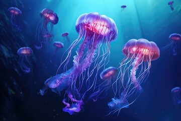 A mesmerizing sight of a group of jellyfish gracefully swimming in a tranquil aquarium, Jellyfish in the deep blue ocean, 3D illustration, AI Generated