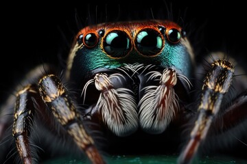 A detailed view of a jumping spider in mid-air, captured against a black background, Jumping spider macro close-up on a dark background, AI Generated