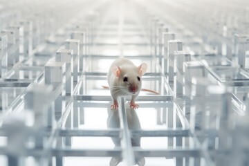 A white rat walks through a complex maze, finding its way towards the solution with determination, lab rat in a transparent maze for testing, AI Generated